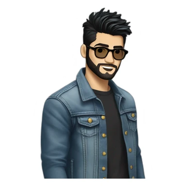 Generate an image of Zayn Malik looking effortlessly cool in a jean jacket, his black beard and hair impeccably styled, and donning a pair of trendy spectacles. sticker