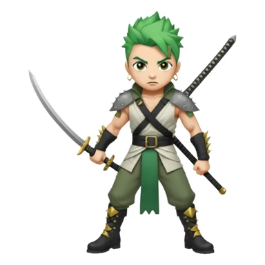 Muscular scarred warrior, short spiky moss-green hair, sharp steel-grey eyes, strong jaw, serious stare. Black trousers, boots, green sash with three katanas, open white coat, three gold earrings. Cinematic, ultra-realistic. sticker
