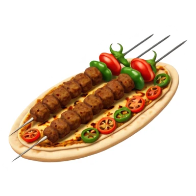 Adana kebab object icon, spicy grilled minced meat skewer, served on flatbread, grilled tomatoes and green peppers on the side, smoky char marks, juicy texture, 3D cartoon, mobile game icon style, centered, clean background, no text, no watermark
 sticker