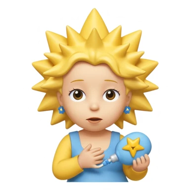 A 3D cartoon close-up of Maggie Simpson, baby from The Simpsons, rendered in Memoji-style with smooth yellow skin, spiky star-shaped hair, blue pacifier, and simple shading. Bright studio lighting, cinematic close-up framing consistent with Bart, Marge, Homer, and Lisa. sticker