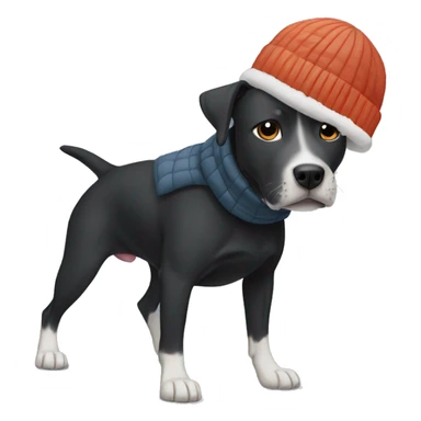 black pitbull lab mix in winter wearing a puffer coat and beanie sticker