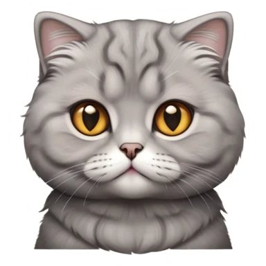 Cinematic-Fluffy-Grey-Scottish-Fold-Cat-Portrait-Emoji – Head tilted cutely with big, sparkling amber eyes, soft solid grey fur, and signature small folded ears pressed gently against its round head, simplified yet irresistibly adorable features, highly detailed, glowing with a soft and warm charm. sticker