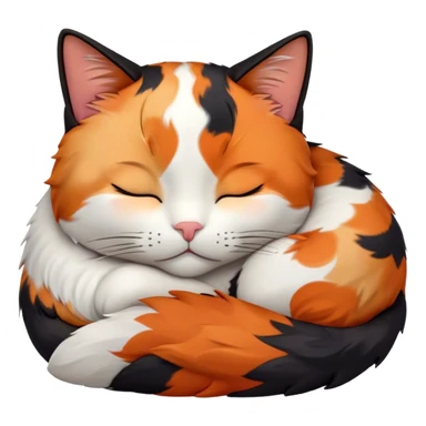 Meme-Worthy Cute Sleeping Calico Cat Portrait Emoji, Head resting peacefully with a content, gentle smile and softly closed eyes, featuring a delicate patchwork fur in vibrant orange, black, and white hues, simplified yet irresistibly endearing, highly detailed, glowing with a soft, drowsy radiance, high shine, exuding relaxed and utterly lovable charm, styled with a gentle, soft glowing outline, capturing the essence of a sleeping calico cat that appears destined to become a viral icon of adorable rest! sticker