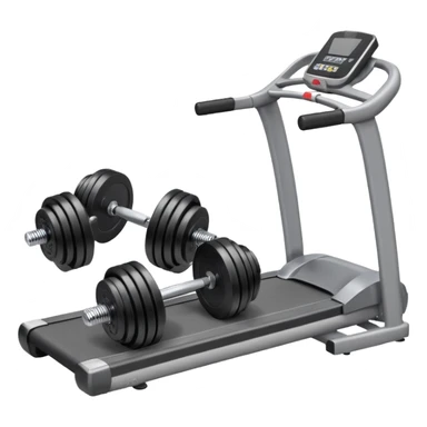 Two heavy dumbbells side by side on the floor in front of a treadmill sticker