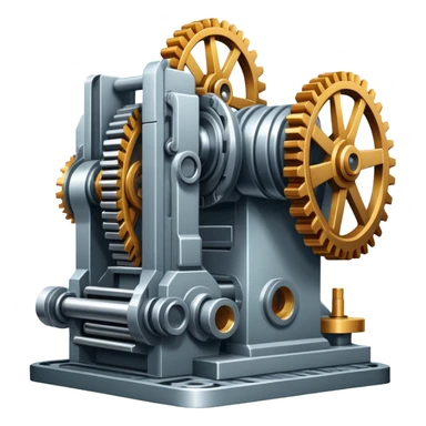 An icon featuring a giant machine tool in a factory workshop, symbolizing mechanical engineering. The design includes gears, levers, and mechanical components, representing the design and manufacturing of machinery. Transparent background highlights the precision sticker