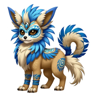Furry cute colorful exotic tribal feral anime-styled Fakémon-Pokémon-animal-creature with a skull mask, and a feather-mane-collar, and blue feathers, with long furry ears, long furry tail, 4 legs, (full body), with intricate pattern-markings sticker