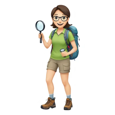 Extremely happy joyful woman in her late 30s with glasses wearing sporty outfit, hiking boots, and backpack, holding a magnifying glass with big smile sticker