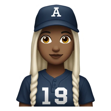 white skin with black long hair girl wearing navy ballcap emblazoned with a red G initial and wearing baseball uniform sticker