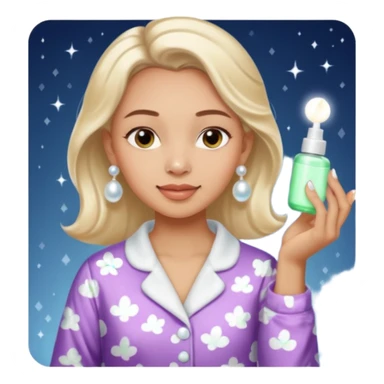 Clean girl aesthetic emoticons, apply skincare products, pearl earrings, glowing skin, pajamas, soft lighting sticker