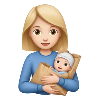 A woman cradling a paper bag like a baby sticker