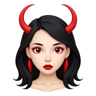 A skin red girl's face with cheekbones, long black hair, small red horns, big lips sticker