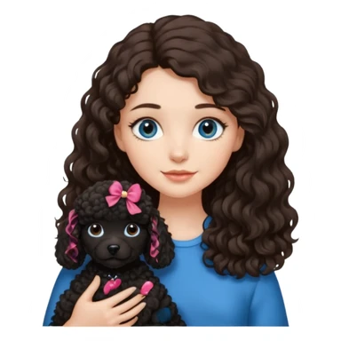 Brunette girl with long wavy hair and blue eyes holding black puppy poodle with brown eyes sticker