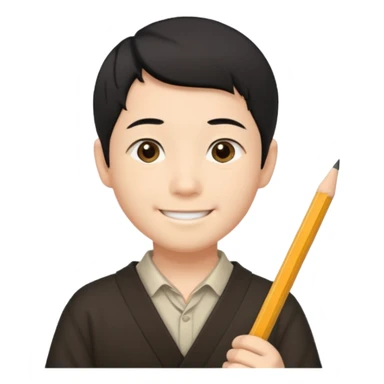 A Japanese male character with short hair, smiling, holding a pencil in his hand. sticker
