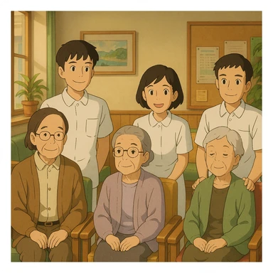 Four nursing students inspired by provided faces, wearing complete white short-sleeve uniforms without stethoscopes, accompanying elderly seated patients, Ghibli style, friendly waiting room decor. sticker