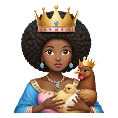 Una reina negra de piel oscura usando corona en su cabello afro dado de comer pollo a su niño de 8 meses que está feliz, ella está vestida de rosado y el bebé está vestido de azul y beige sticker