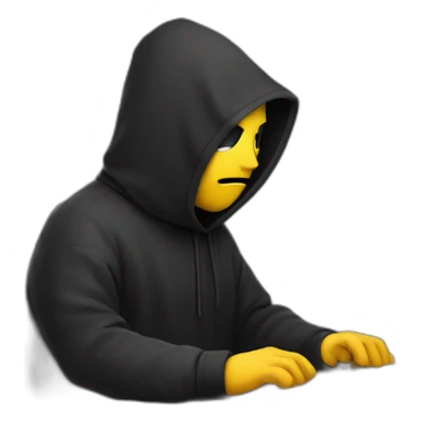 A sad Developer with a black hood behind his computer and taping on his keyboard sticker