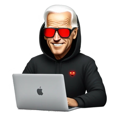 joe biden in a black hoodie with bright red glowing laser eyes typing on a macbook, joe biden sticker