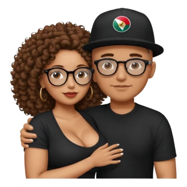 A picture of a tanned couple embracing. the guy is Mexican, with a bald hair cut and he has a SnapBack hat on. The girl is mixed, the girl is wearing a black shirt, the girl has brown curly big hair and the girl has big boobs and the girl wears glasses but the man doesn't  sticker