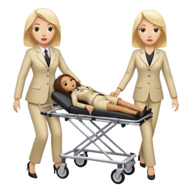 2 woman in pants suits pushing a stretcher whit a body bag on  sticker