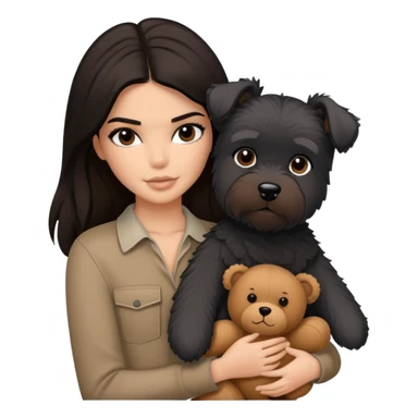 Kendall Jenner with long dark hair, holds a brown teddy bear and a black schnauzer sticker
