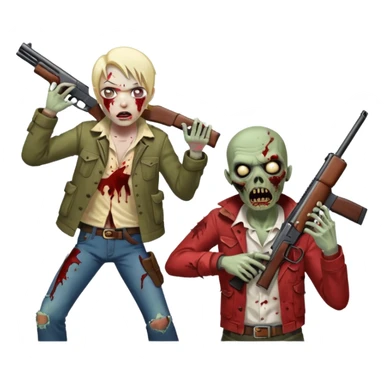 Survivor aiming shotgun at zombie, zombie in front, action pose, blood flying, no background













 sticker