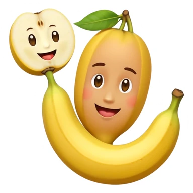 A playful cartoon emoji character holding a peeled banana with two round fruits, like peaches or melons, placed at the base. The style is cute, humorous, and exaggerated, similar to popular emoji art. Bright colors, clean vector lines, and a cheeky expression. sticker
