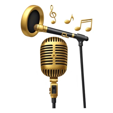 Create a sophisticated and smooth emoji representing jazz vocal performance. The design should feature a stylized microphone, with musical notes swirling around it to convey the fluid, improvisational nature of jazz. Add subtle elements like a vintage microphone stand or a hint of a singer’s silhouette in the background to reflect the live, intimate feel of jazz performance. Use deep, rich colors like gold, black, and burgundy to evoke the classic, smooth vibes of jazz. The background should be transparent. sticker