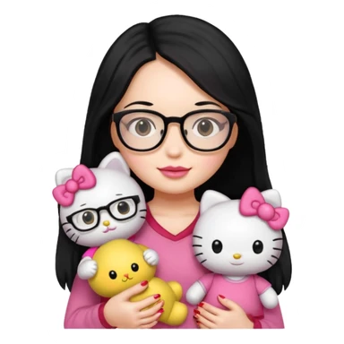 Nails cute with hello kitty wear glasses black long  hair, wear yellow shirt , red nails , big hello kitty doll sticker