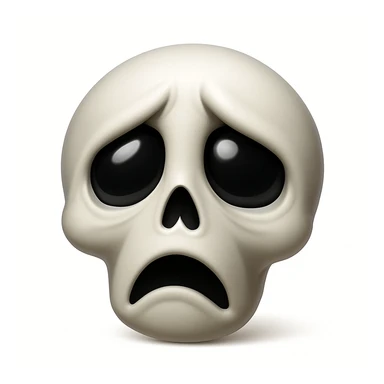 Make a sad skeleton face emoji exactly like the reference image, in iOS emoji style. Same expression, shape, and details, smooth and shiny. Add a soft shadow. sticker