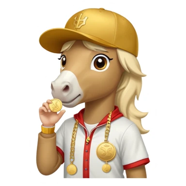 anthropomorphised horse in a hip-hop outfit, wearing a gold medal and a baseball hat sticker