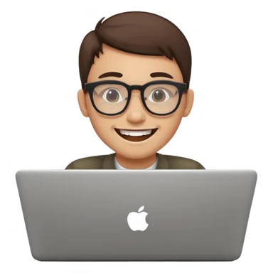 smiling coder with big glasses and buck teeth, working on a laptop, simple, clear sticker