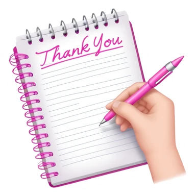 a hand writing a thank you note with a pink pen in a notebook sticker