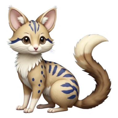 Brown, cobalt blue, beige, white, soft realistic romantic vintage antique divine beautiful elegant pretty precious cute young youthful  Fakémon-Pokémon-opossum-feline-mouse-serval-caracal-chinchilla-Minccino-Cinccino-Meowstic-rodent-hybrid-creature with a big fluffy bushy tail (full body) sticker