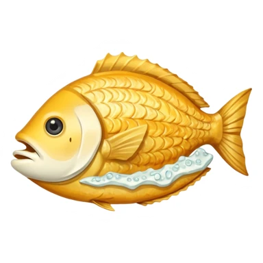 Create a realistic fried fish piece served with sauce & garnish. sticker