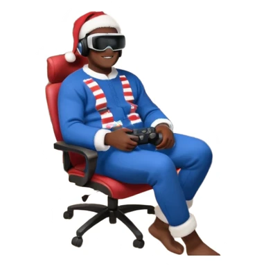 Informaticien homme noir full-body, week-end détente, assis à son bureau moderne avec ordinateur affichant du code. Il porte un casque VR et tient une manette PS 2025. À côté de lui, le Père Noël souriant, sapin illuminé et cadeaux autour. sticker