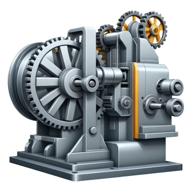 An icon featuring a giant machine tool in a factory, manufacturing machines. The design includes gears, mechanical parts, and a production line, representing the art of mechanical engineering and industrial design. Transparent background highlights precision engineering and manufacturing processes. sticker