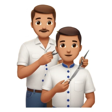 Inside a cozy barbershop with soft lighting, an experienced barber gently teaches his apprentice, guiding his hands as they cut hair together. The room is filled with warmth, plants hanging from the ceiling, and the hum of clippers sticker