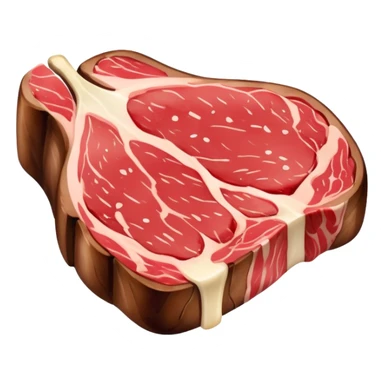 An emoji of a juicy steak or meat piece. Grilled on the outside with visible sear marks, slightly pink in the middle. Shaped like a thick cut of beef, with a small bone or marbled fat for extra detail. Rich red and brown tones to show it's freshly cooked. sticker