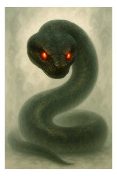 Transform the rat into an evil anaconda-type creature, menacing and serpentine, keeping the sinister, light-colored background and the hyper-realistic, soft, glowing art style. The creature should look menacing and serpentine with a glowing, hyper-realistic appearance and a soft light effect on a light-colored sinister background. sticker