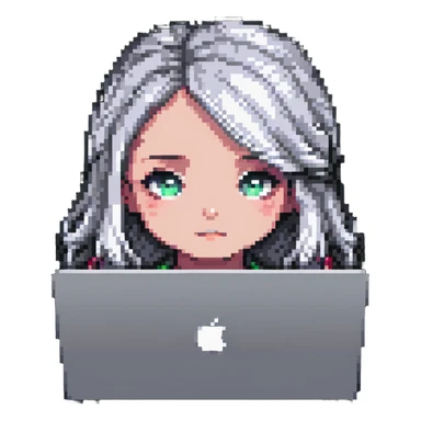 close-up of a girl's face peeking over a MacBook, pixel art style sticker