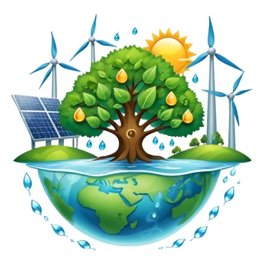 An icon featuring a green Earth, a tree, recycling symbols, and renewable energy sources like wind turbines, solar panels, and hydropower. The design includes animals, water droplets, and the sun, representing ecology, sustainable energy, and environmental protection. Transparent background. sticker