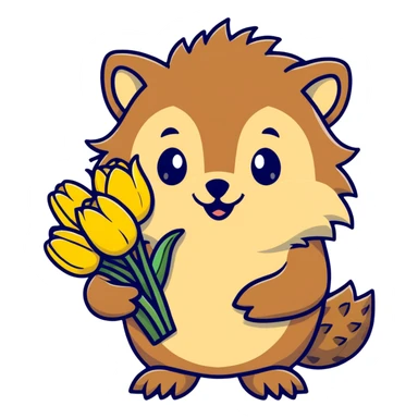 adorable hedgehog with a bouquet of yellow tulips sticker