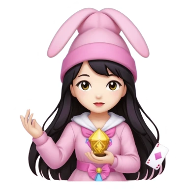 pixel art chibi asian girl with dark long hair in pink bunny hat magical girl with kawaii tarot cards thrown in air pixel emoji sticker
