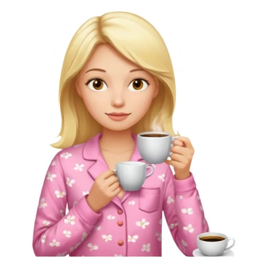 A blonde woman in pink pajamas wakes up to drink coffee. sticker
