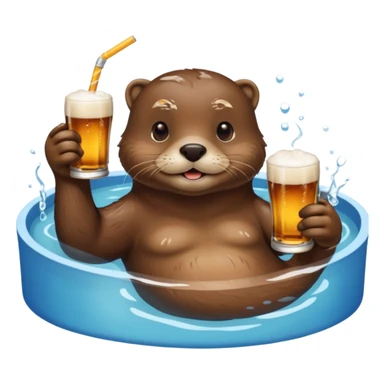otter in a beer swimming pool sipping beer with a little straw sticker
