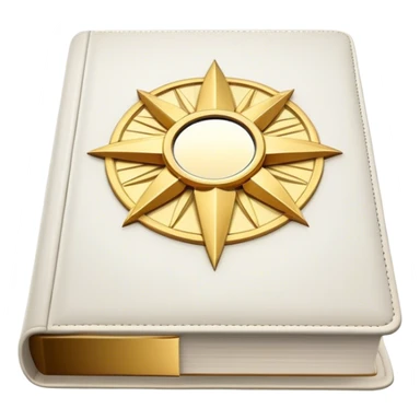 A white leather book with golden accents, smooth and polished, embossed with a symbol of six pillars, a sun, or a glowing mirror, radiating strength, confidence, and the power of self-worth.  sticker