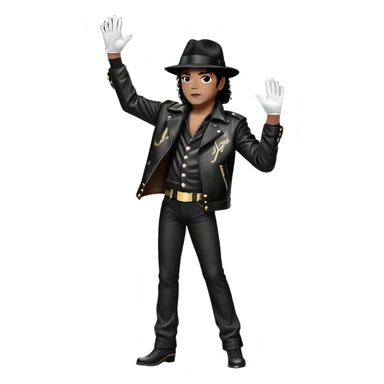 Icon for R&B Music: Michael Jackson in full growth in his black fedora, sparkling glove, and leather jacket, striking his famous final pose after performing, with one arm raised and head tilted back. Musical notes surround him, symbolizing the essence of R&B. Transparent background. sticker