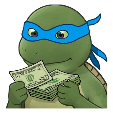 ninja turtle wearing blue eye mask with money sticker