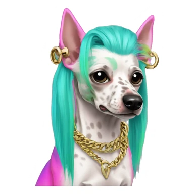 Punk tropical Chinese crested dog neon rainbow cyan green pink hair gold chain punk piercings tattoos punk ear piercings sticker