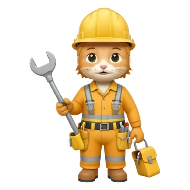 orange tabby cat wearing yellow hard hat holding tiny wrench, standing upright with tool belt, 3D emoji style sticker